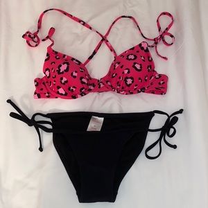 Pink cheetah & black bikini set!!